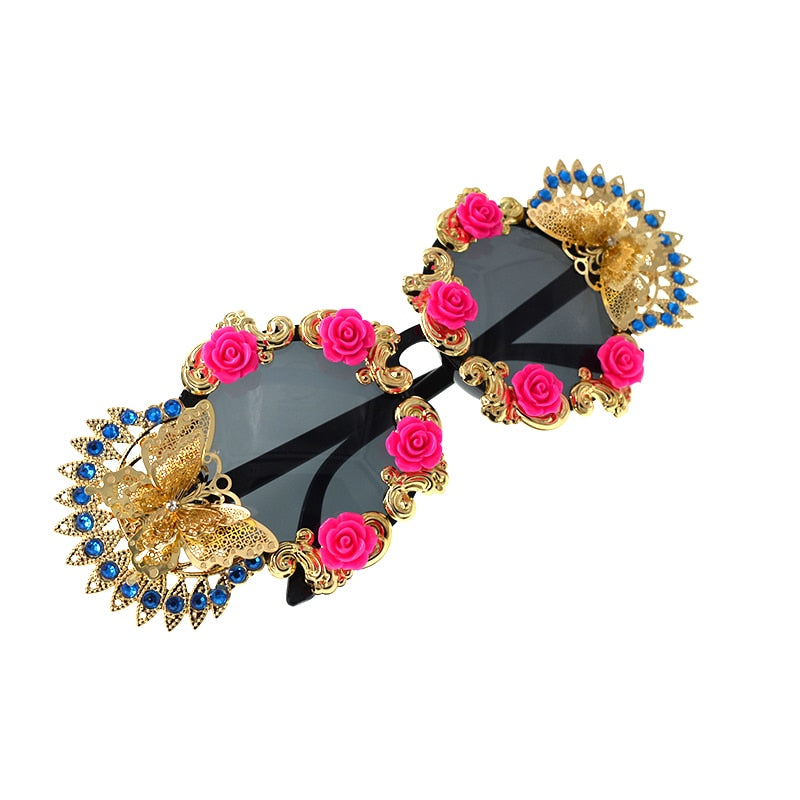 Baroque Personality Women Summer Flowers Retro Sunglasses Cat Eye Sunglasses For Ladies Brand Designer Oversize Sunglasses