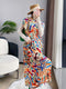 Color Block High Waist Short Sleeve Loose Mid-calf Dress