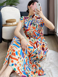 Color Block High Waist Short Sleeve Loose Mid-calf Dress