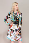 Vintage Long Sleeve Multicolor Scarf Printed Loose Belted Shirt Dress
